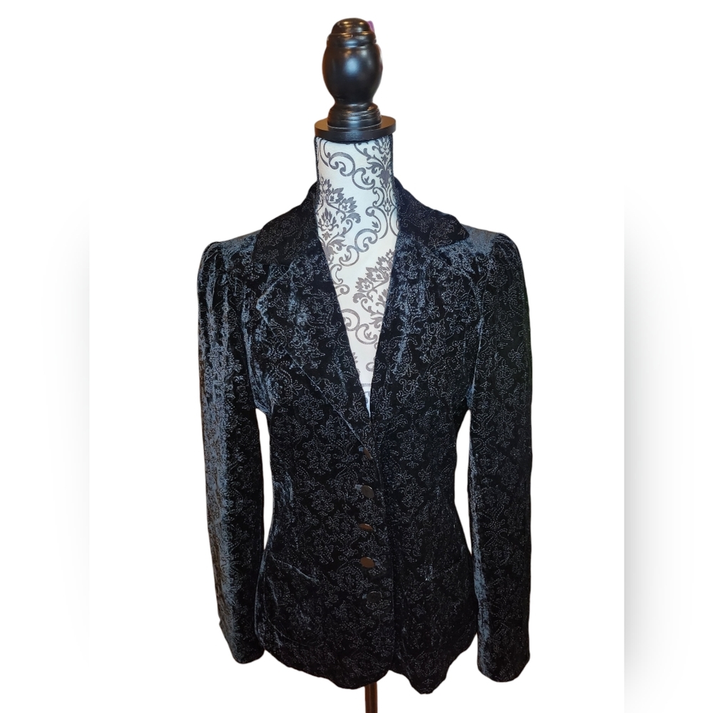 Tahari  Velet Embroidered Floral Puff Sleeve Blazer In Black Size M
